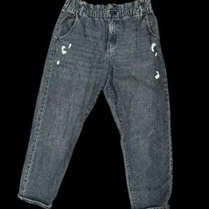 High Waisted Mom Jeans Denim Elastic Waist Band Black Distressed